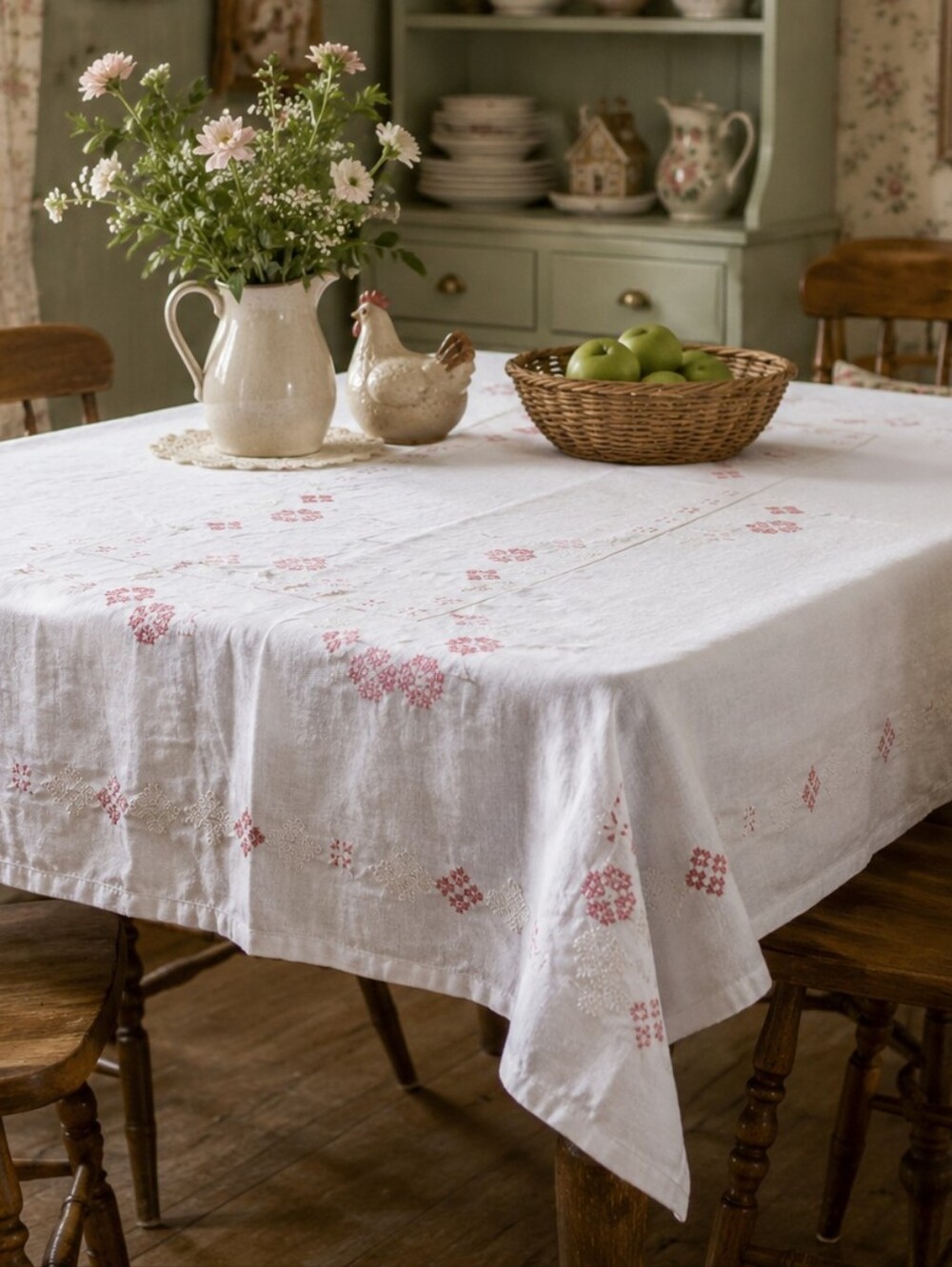 Vintage Linen Tablecloth Red Pink Cross Stitch Embroidery 72x55 Cottagecore